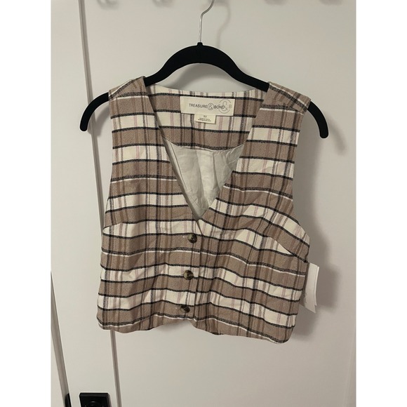 Treasure & Bond Jackets & Blazers - Treasure & Bond XS Plaid Vest Tan Chantepele Button Front Sleeveless Top‎